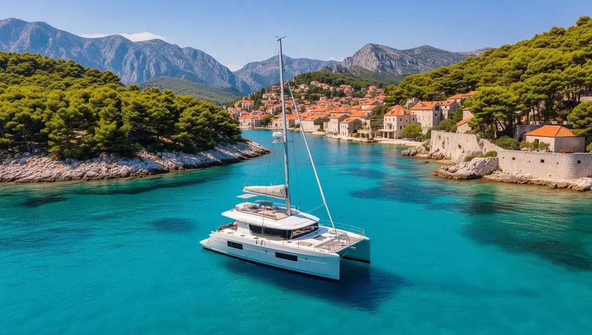 Luxury catamaran anchored in Croatian island bay