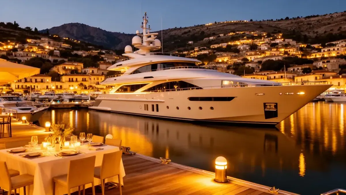 Superyacht illuminated for corporate event