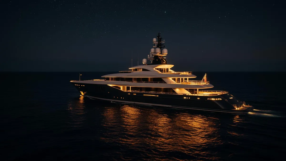 Superyacht at night representing luxury charter strategy